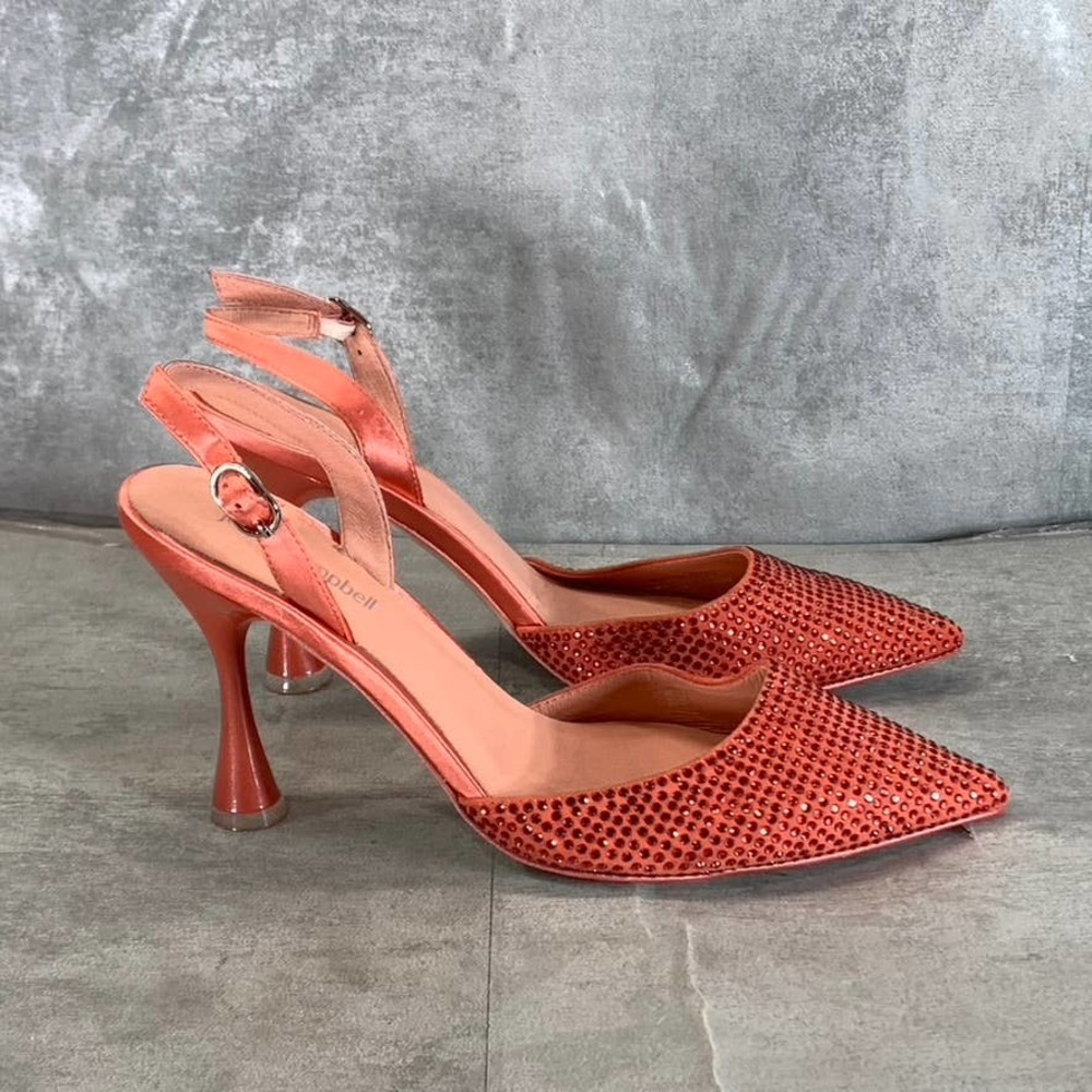 Jeffrey Campbell Coral Pink Satin Slingback Heels with Rhinestones